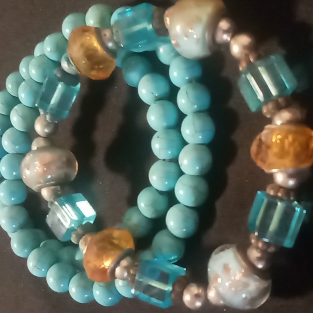 Expandable beaded bracelets  2 Turquoise beaded & 1 glass & resin beaded